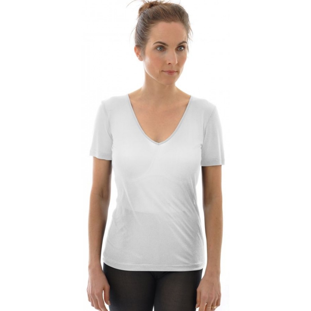 GOTS certificeret økologisk silke hvid t-shirt v-hals til damer fra Alkena ubeskrivelig lækker